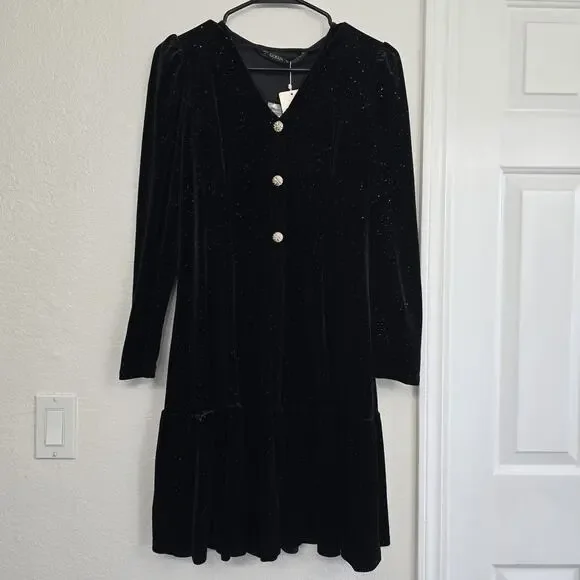 Black Velvet Mini Dress Button Front Long Sleeve Sparkle Holiday Party Cocktail - Picture 2 of 16